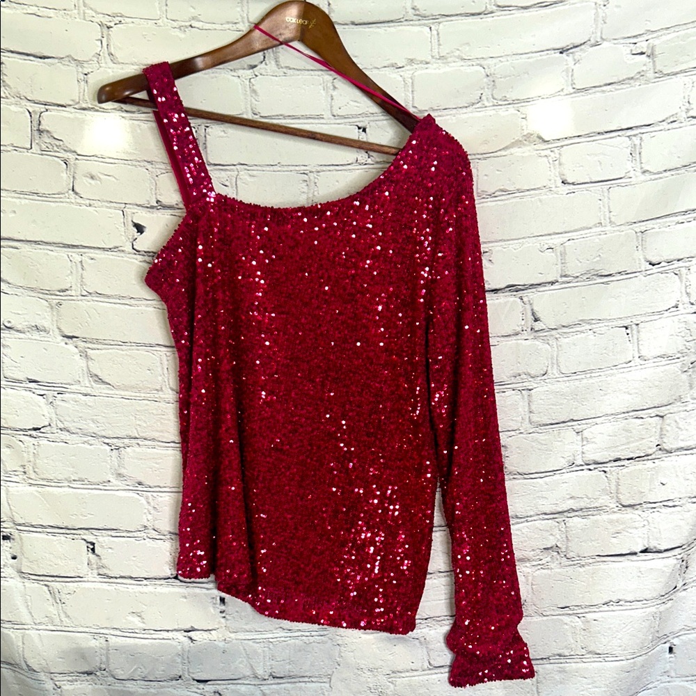Cable & Gauge Pink Sequin One-Shoulder Top Size Large Excellent Condition